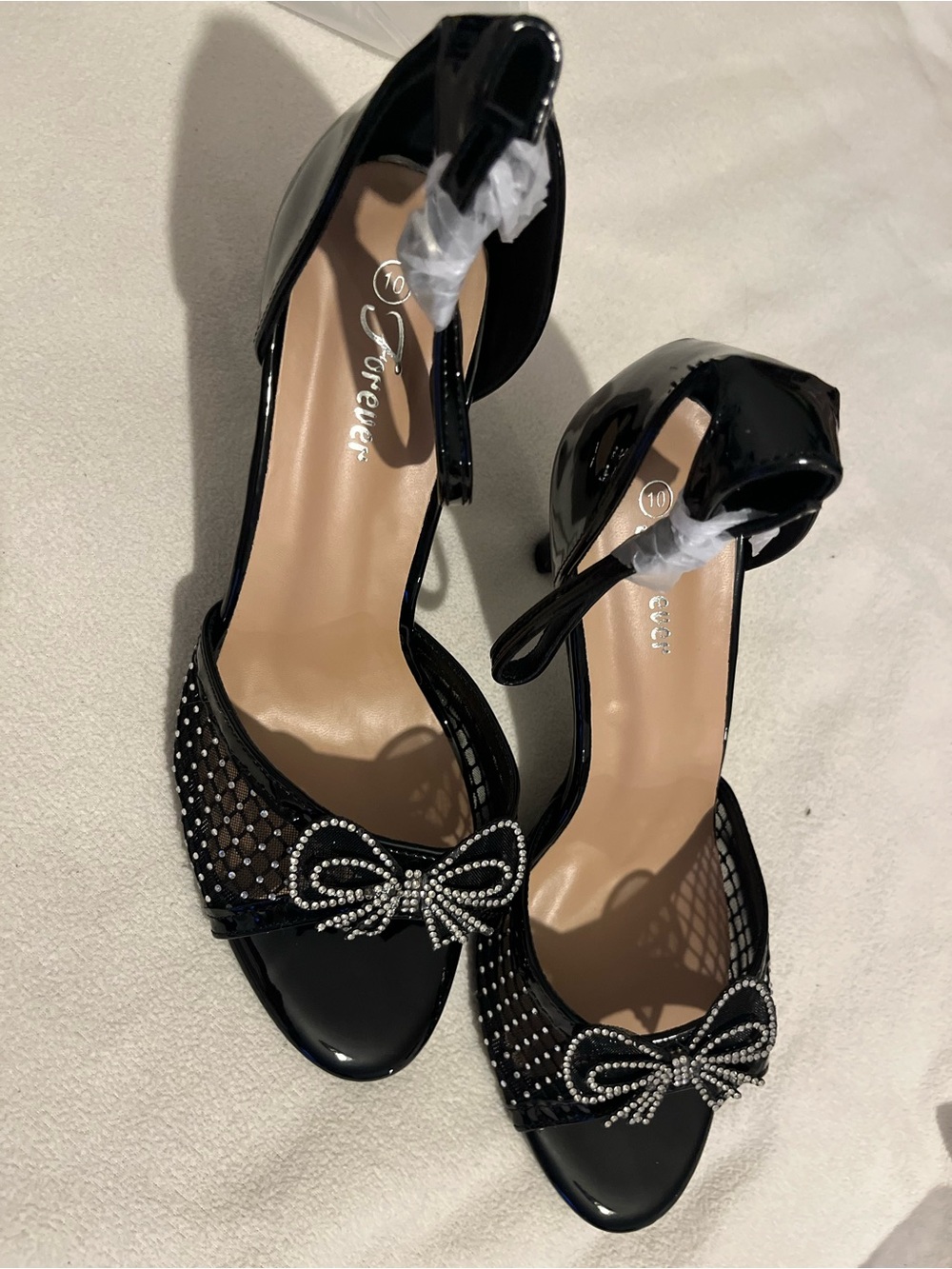 Forever Link Black Patent & Rhinestone Bow Ankle-Strap Heels